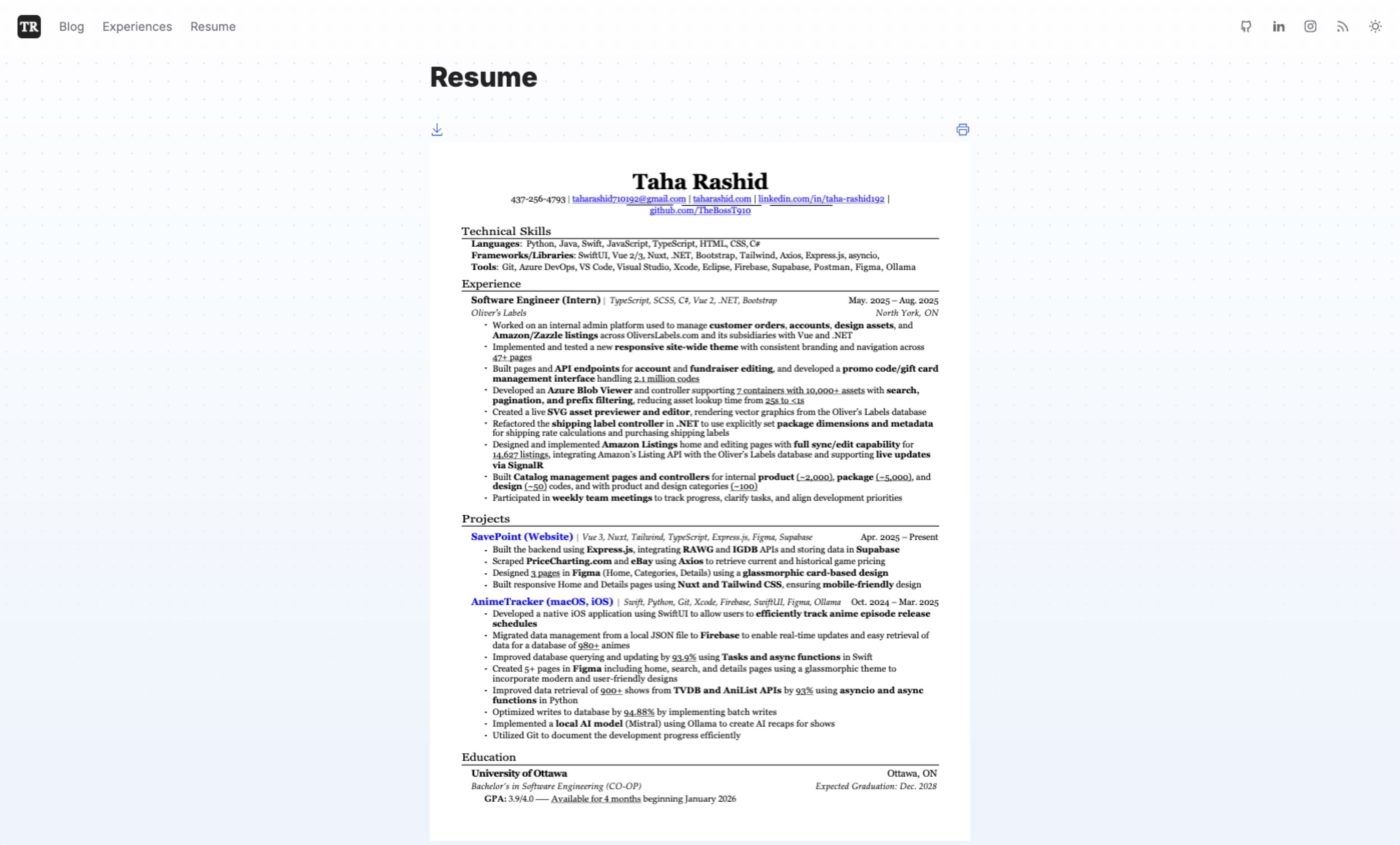 resume page